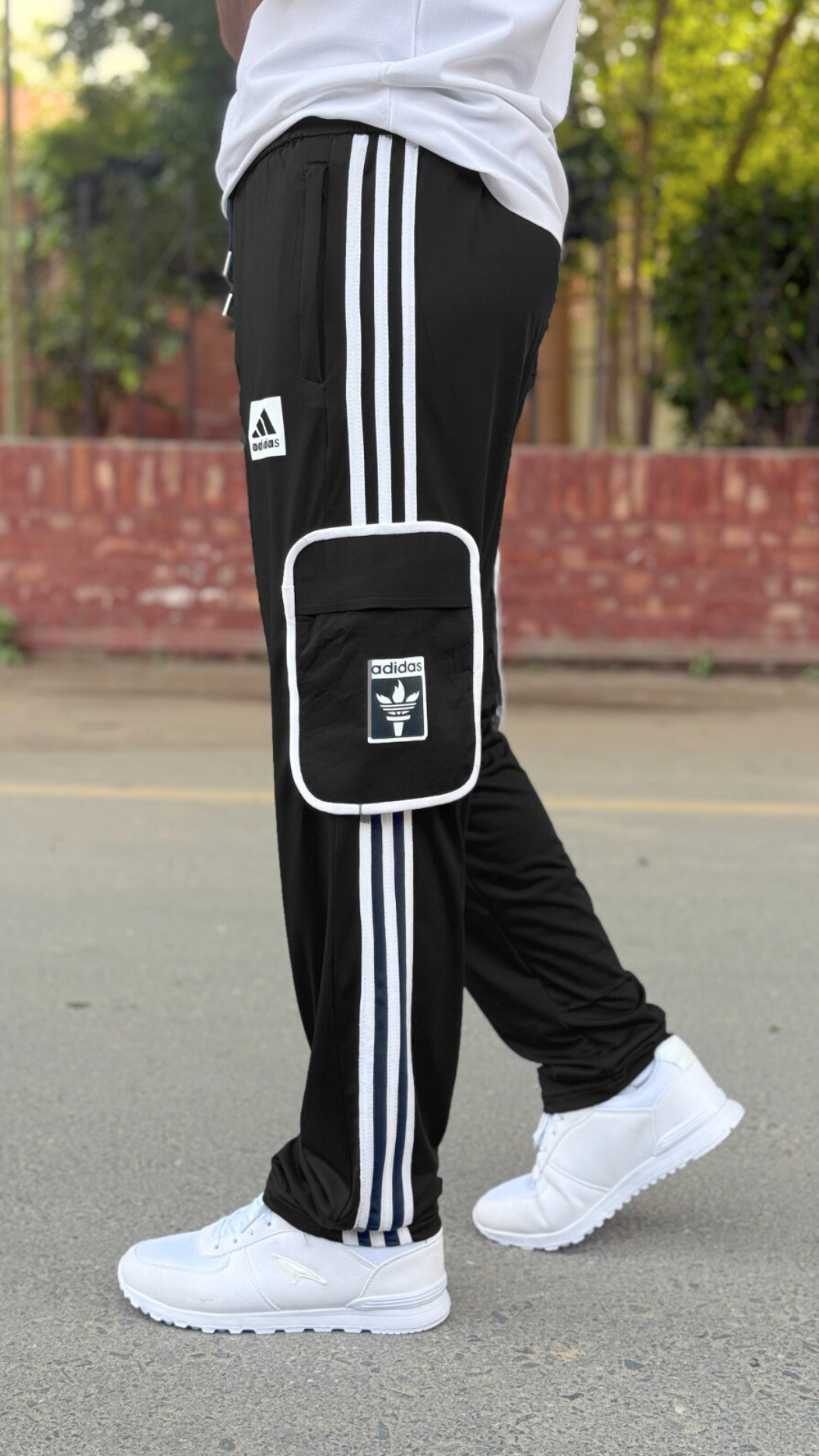Premium Black Three Tapes Men's 4 way Stretch-able Lycra Oval Pocket Cargo Trousers