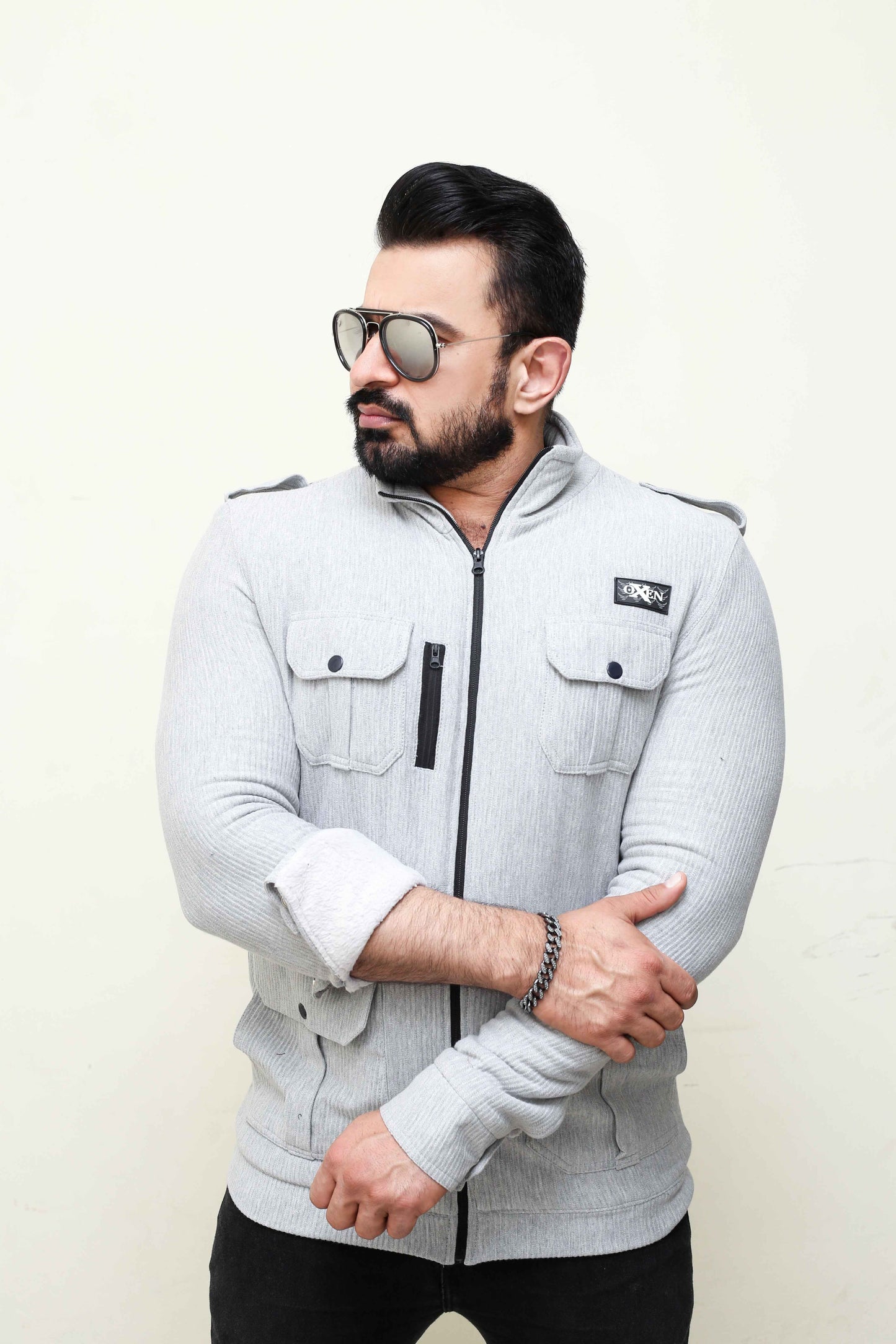 Premium Four Pocket Full Sleeve striped Grey Jacket #10