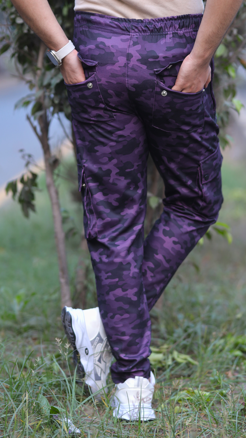 Men's Italian Purple Gray Camouflage Cargo 6 Pocket With Mate Stud Button