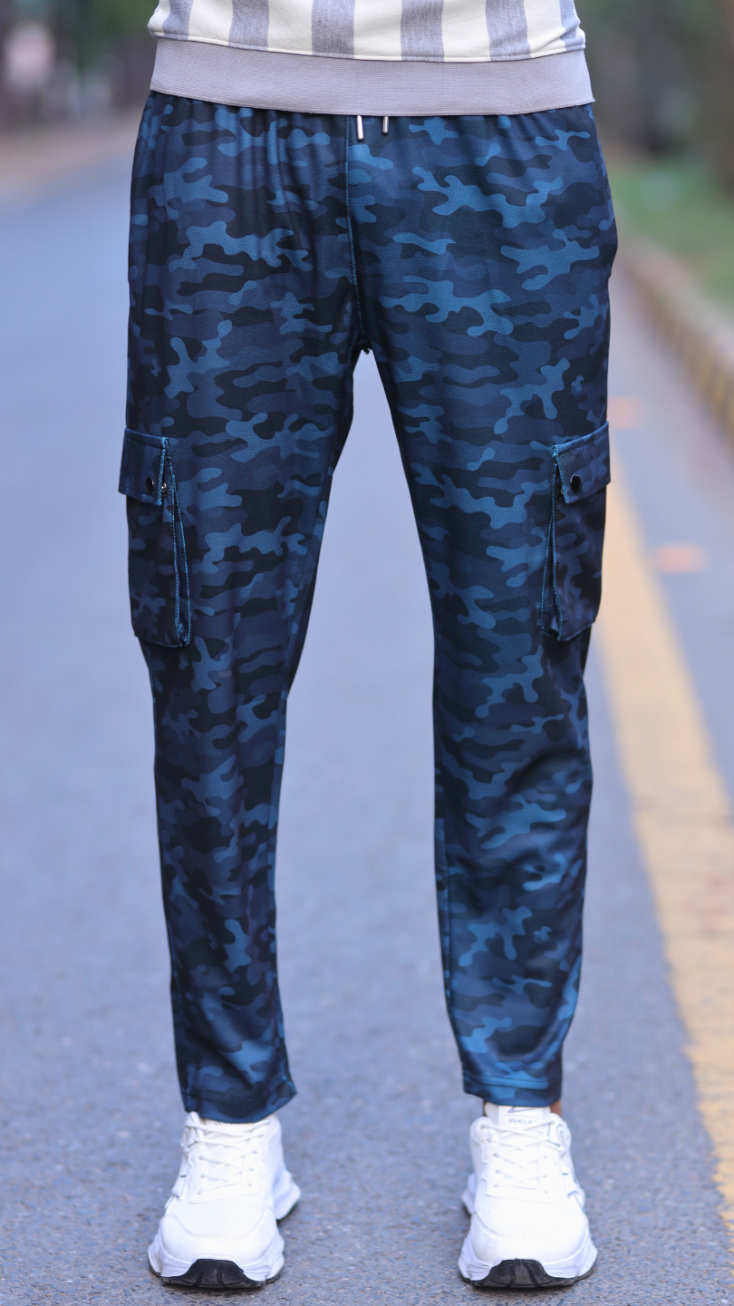 Men's Italian Blue Gray Camouflage Cargo 6 Pocket With Mate Stud Button
