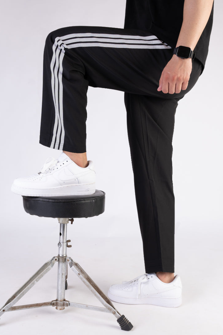 Imported Black Micro Relaxed Fit Trousers with Three Silver Stripes