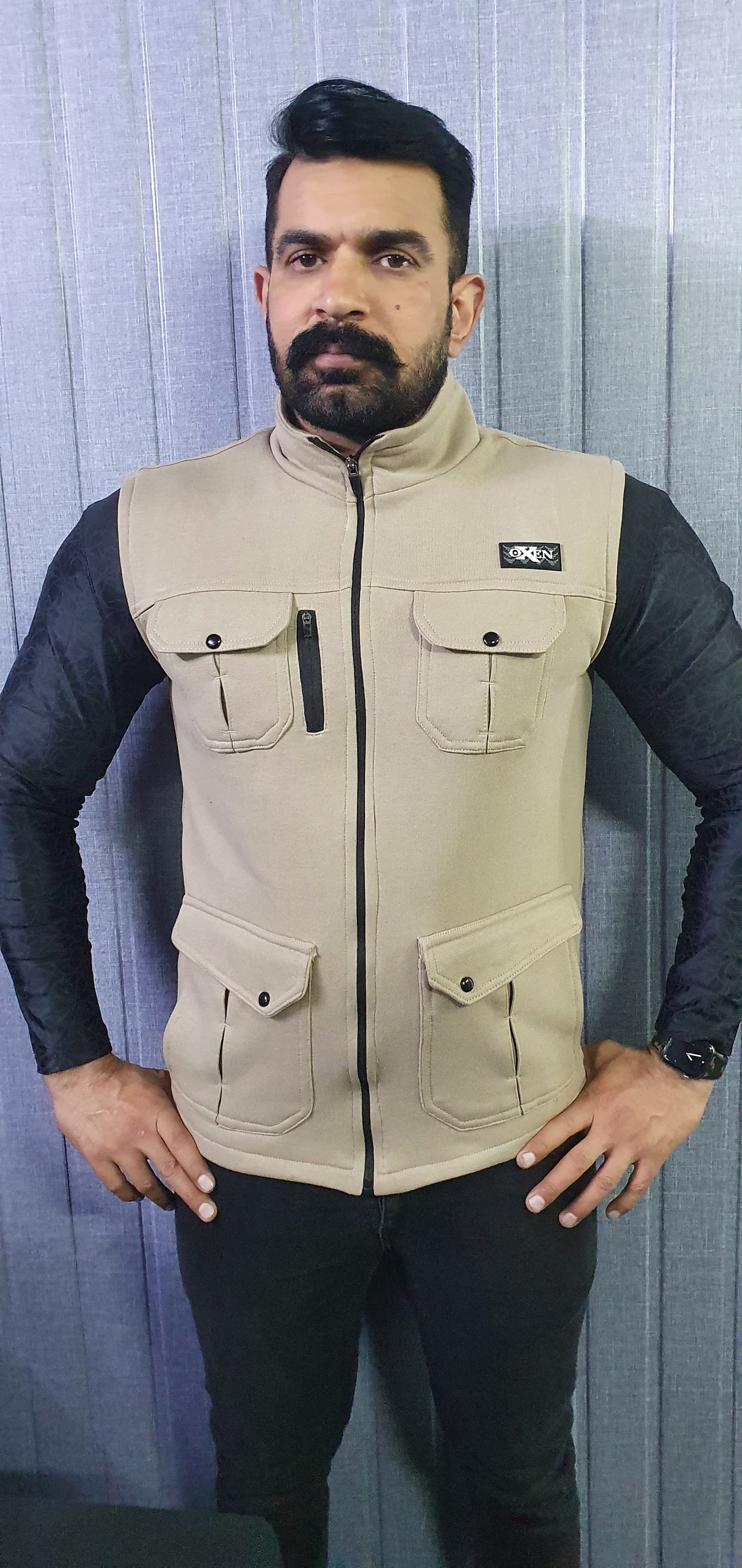 Premium Cotton Fleece Four Pocket sleeveless Jacket Beige 12