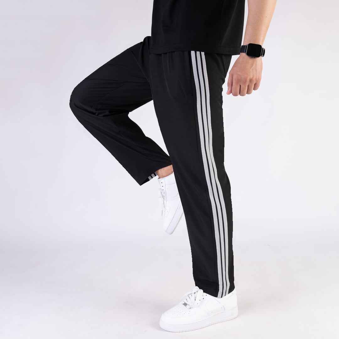 Imported Black Micro Relaxed Fit Trousers with Three Silver Stripes