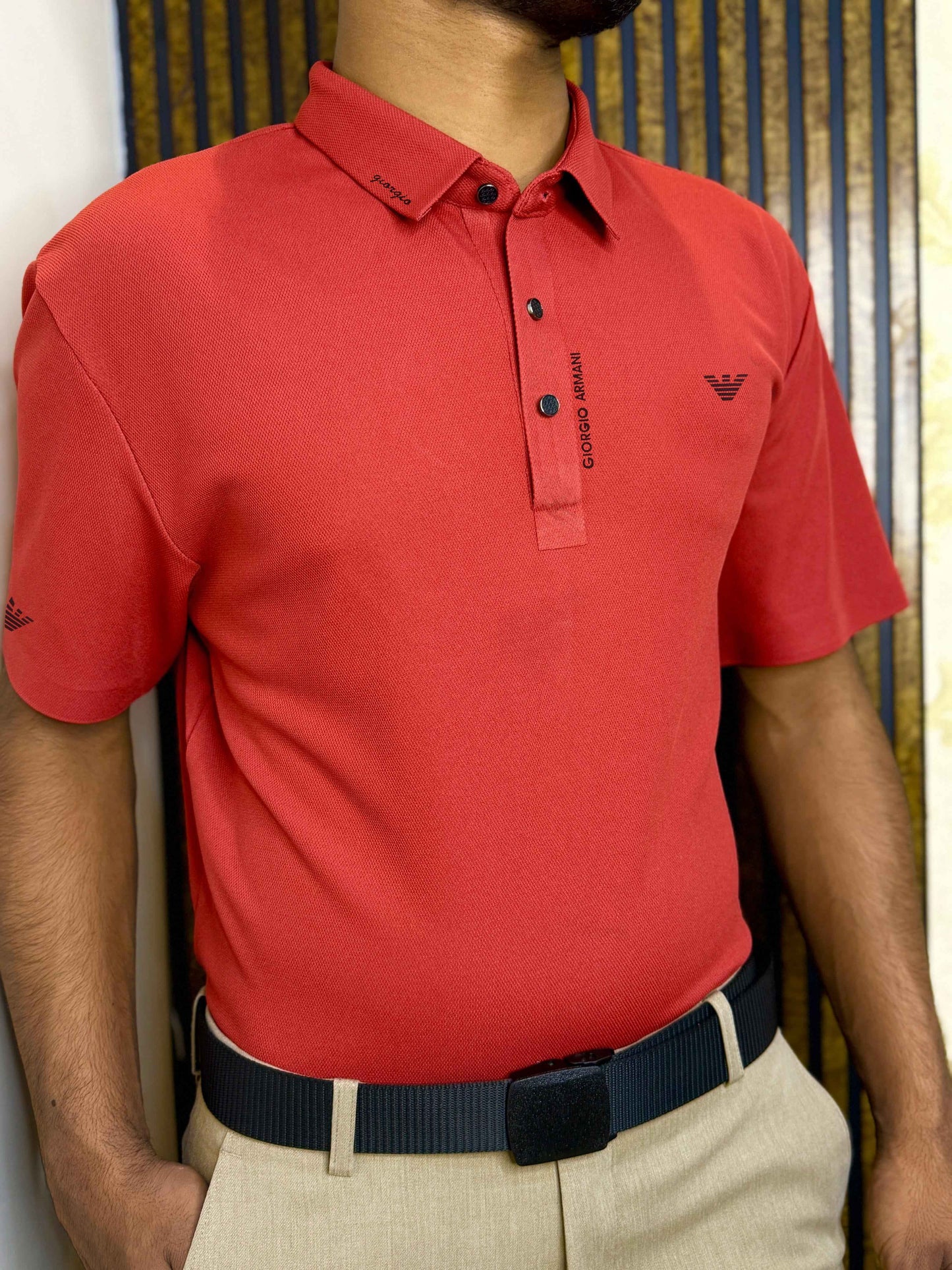 ITALIAN Textured Stitch-less POLO Shirt LVPS-011 CARROT RED