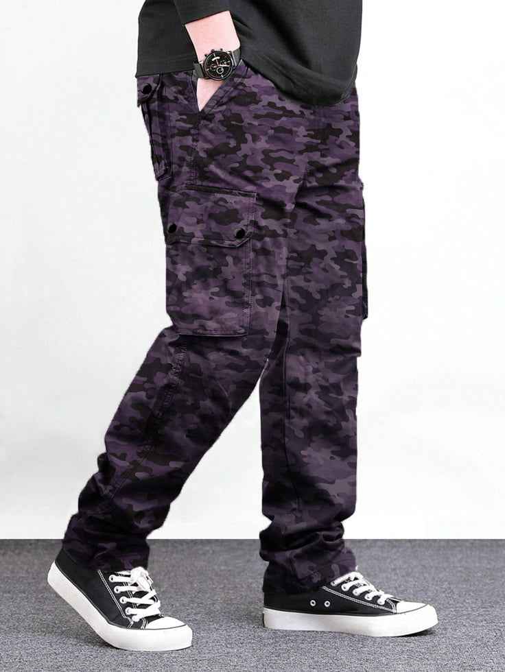 Men's Italian Purple Gray Camouflage Cargo 6 Pocket With Mate Stud Button
