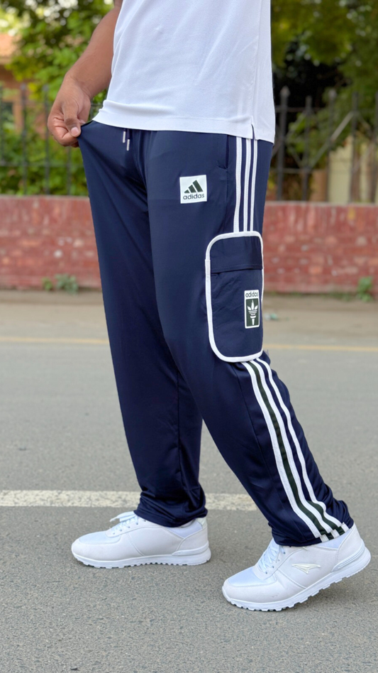 Premium Navy Blue Three Tapes Men's 4 way Stretch-able Lycra Oval Pocket Cargo Trousers