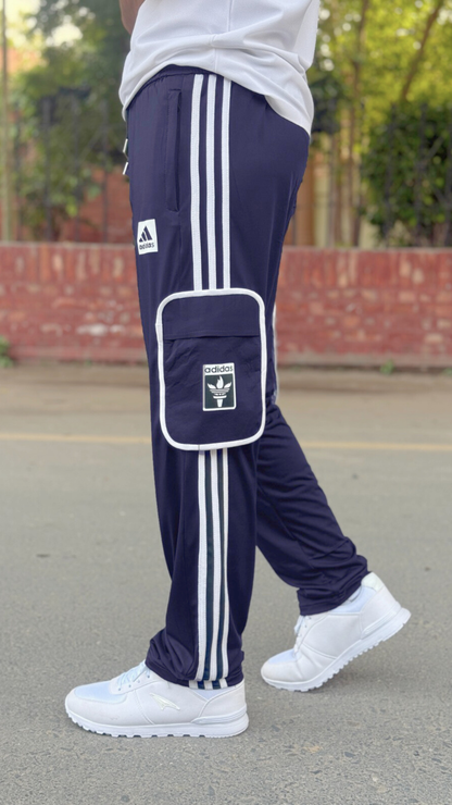 Premium Navy Blue Three Tapes Men's 4 way Stretch-able Lycra Oval Pocket Cargo Trousers