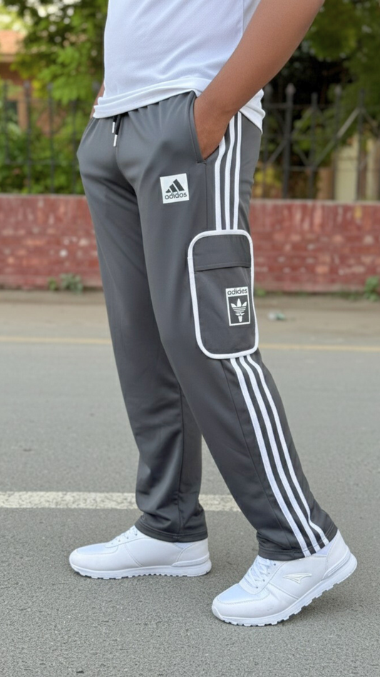 Premium Gray Three Tapes Men's 4 way Stretch-able Lycra Oval Pocket Cargo Trousers