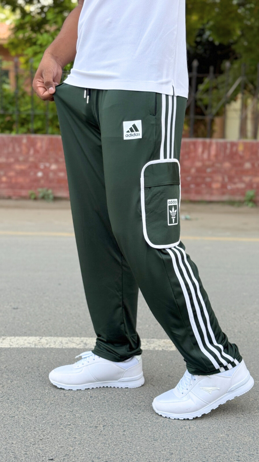 Premium Green Three Tapes Men's 4 way Stretch-able Lycra Oval Pocket Cargo Trousers