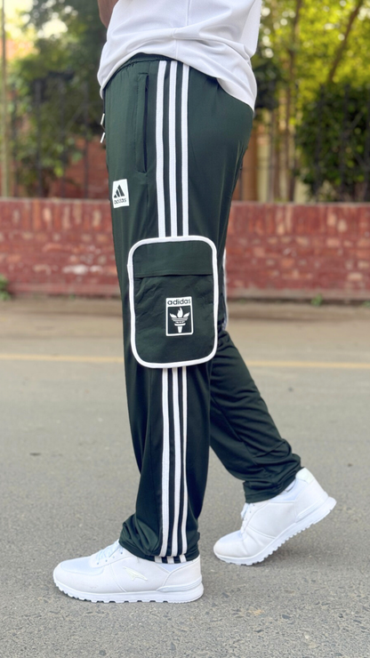 Premium Green Three Tapes Men's 4 way Stretch-able Lycra Oval Pocket Cargo Trousers