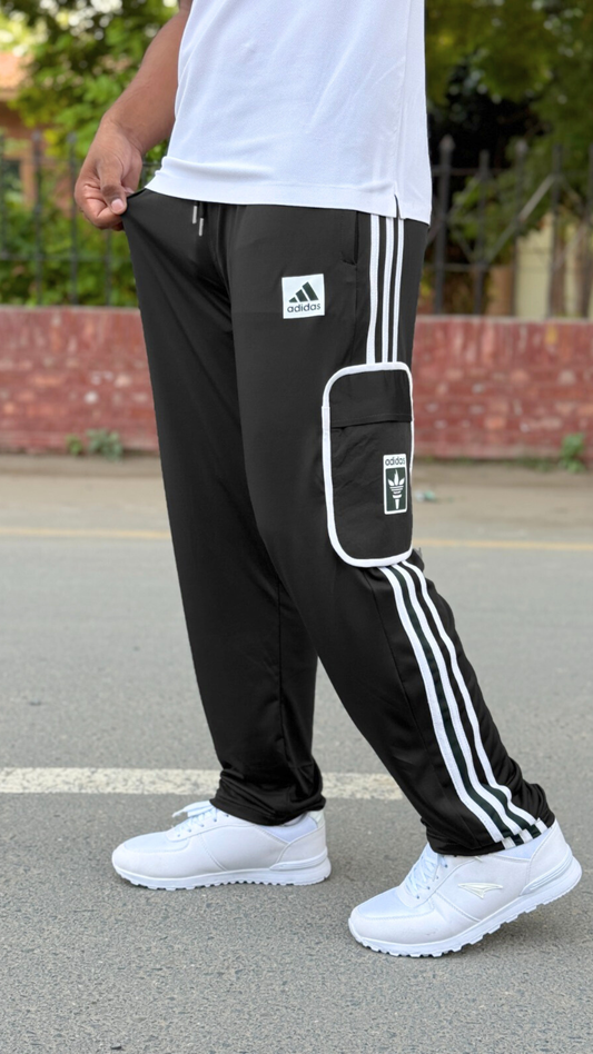 Premium Black Three Tapes Men's 4 way Stretch-able Lycra Oval Pocket Cargo Trousers