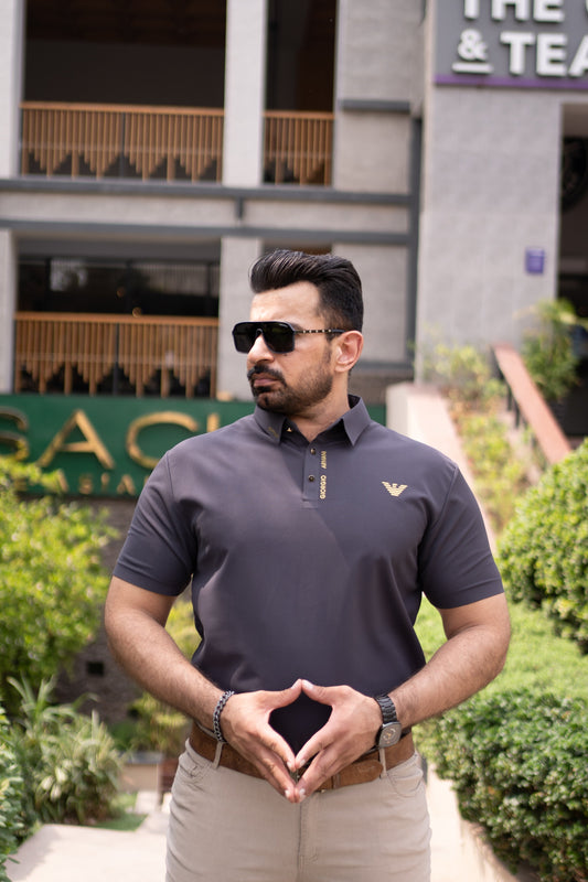 ITALIAN Textured Stitch-less POLO Shirt LVPS CHARCOAL GRAY
