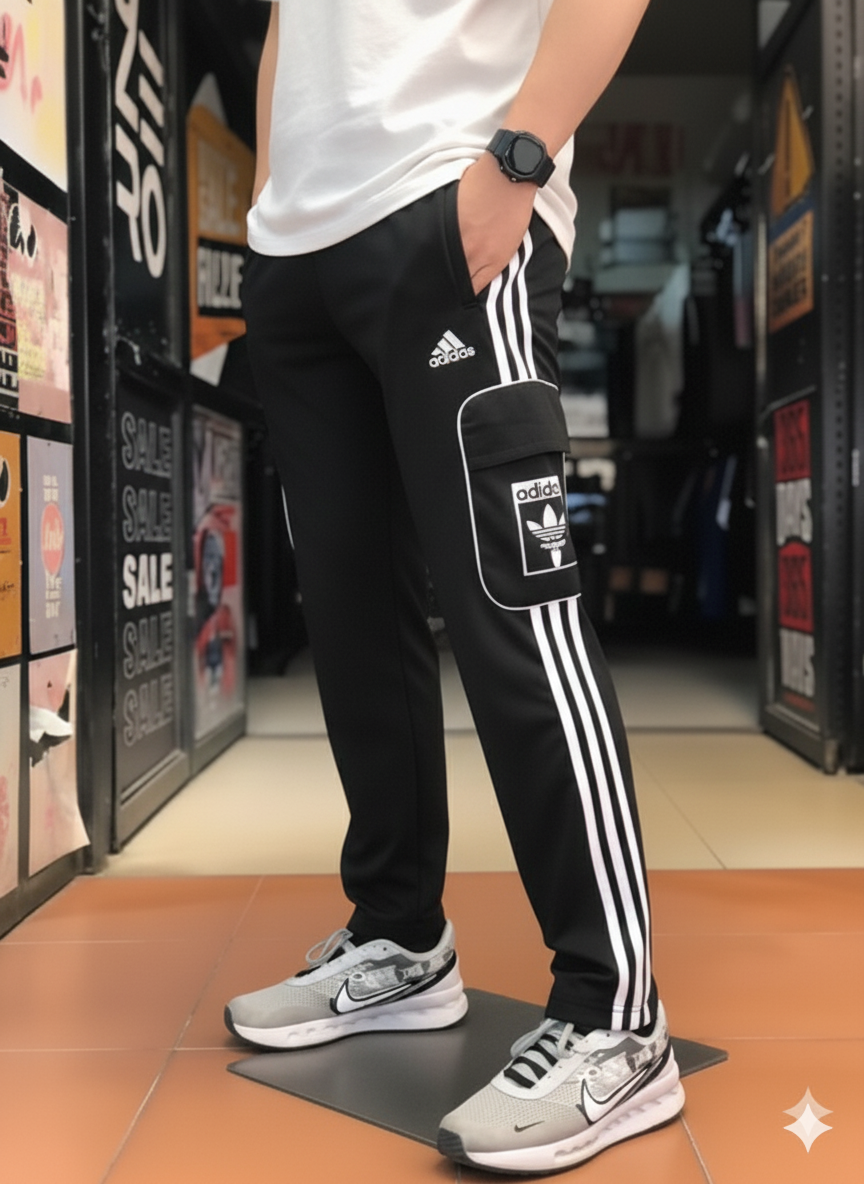 Imported ADDS Black Three Tapes Men's 4 way Stretch-able Lycra Oval Pocket Cargo Trousers - The Elite Heritage