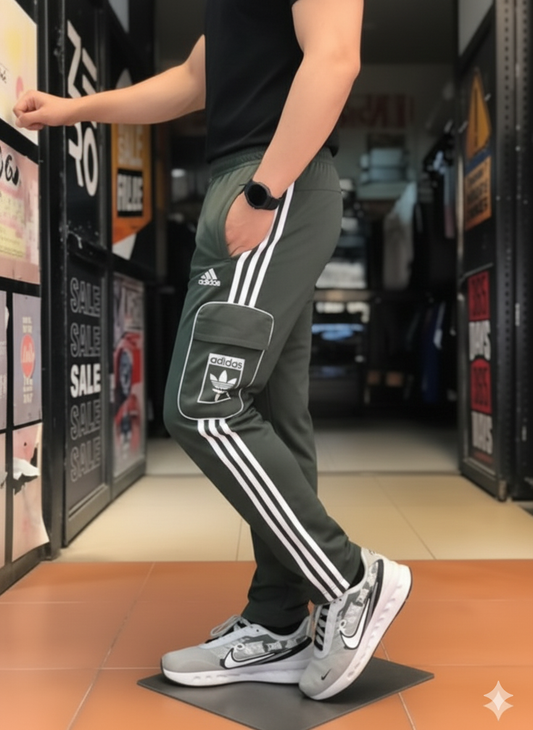 Imported ADDS Olive Green Three Tapes Men's 4 way Stretch-able Lycra Oval Pocket Cargo Trousers - The Elite Heritage