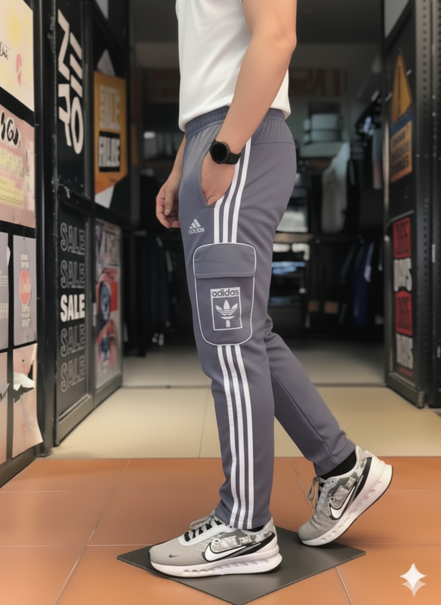 Imported ADDS Gray Three Tapes Men's 4 way Stretch-able Lycra Oval Pocket Cargo Trousers - The Elite Heritage