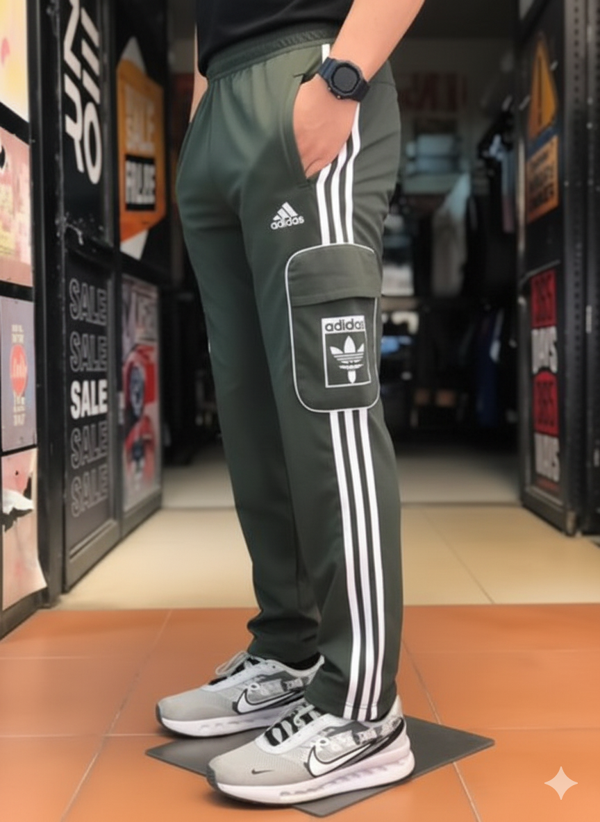 Imported ADDS Olive Green Three Tapes Men's 4 way Stretch-able Lycra Oval Pocket Cargo Trousers - The Elite Heritage