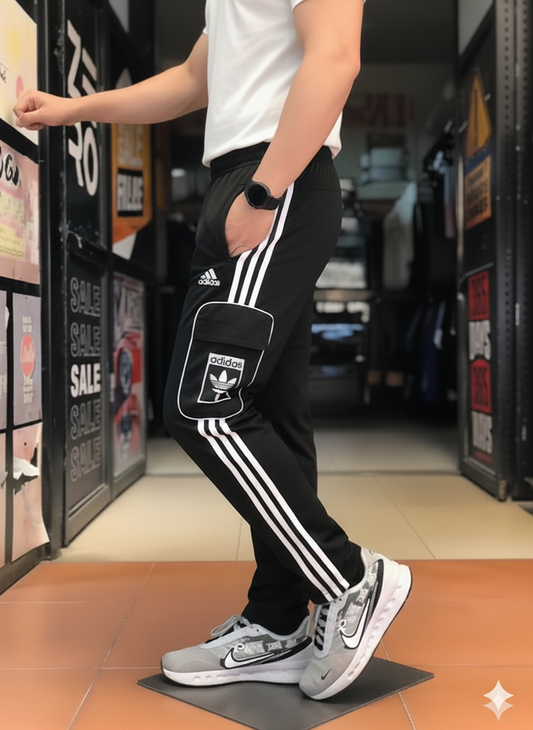 Imported ADDS Black Three Tapes Men's 4 way Stretch-able Lycra Oval Pocket Cargo Trousers - The Elite Heritage