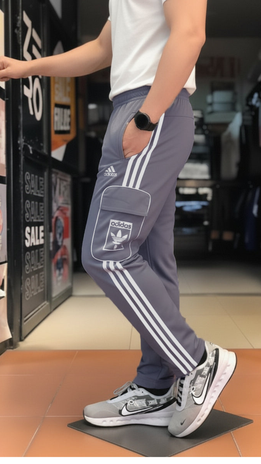 Imported ADDS Gray Three Tapes Men's 4 way Stretch-able Lycra Oval Pocket Cargo Trousers