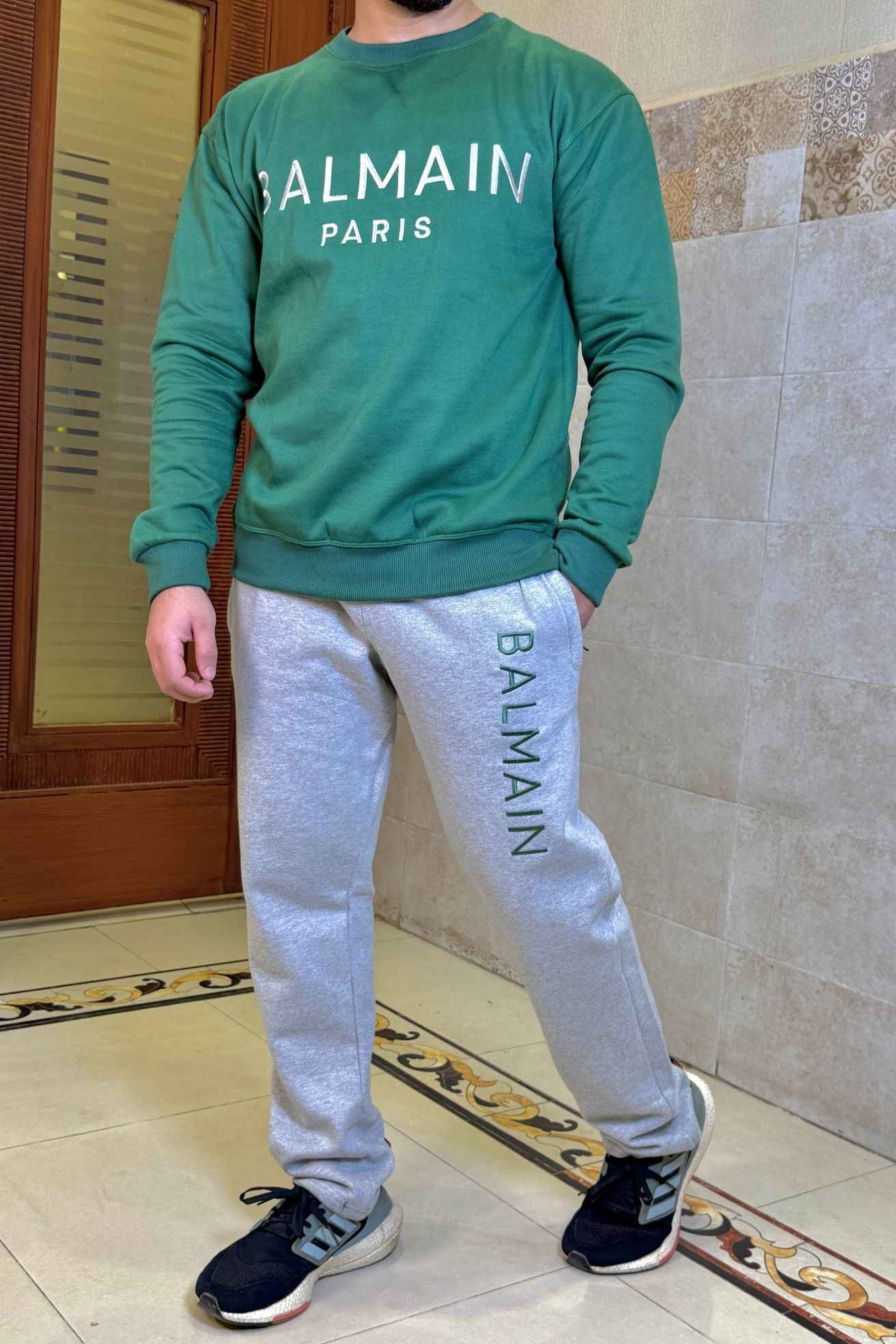 Balmain Paris Elite Green Imported Cotton Fleece Tracksuit (Male & Female )