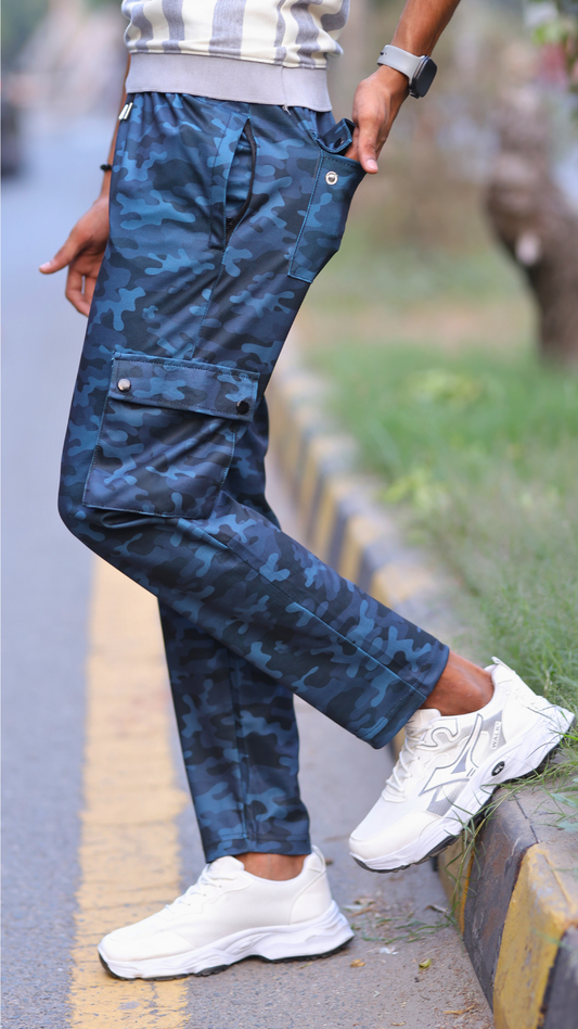 Men's Italian Blue Gray Camouflage Cargo 6 Pocket With Mate Stud Button