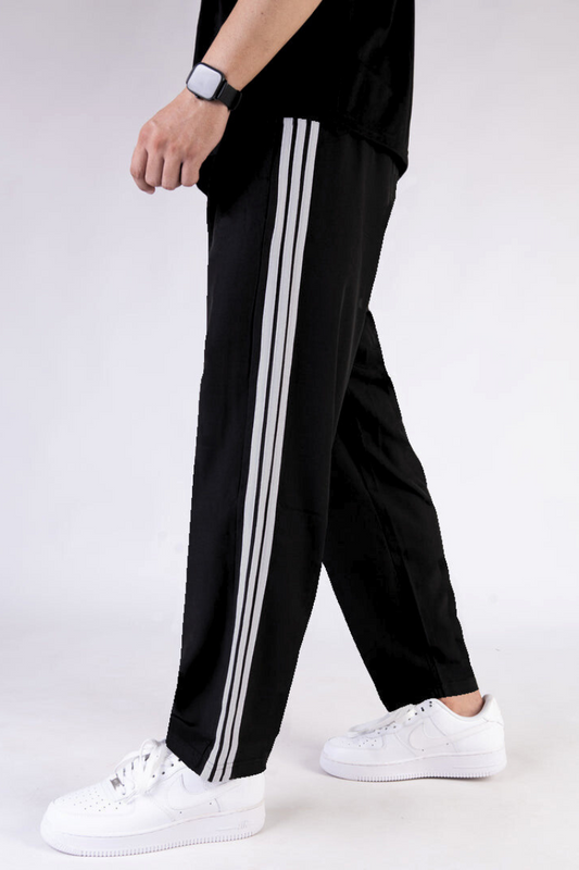 Imported Black  Micro Relaxed Fit Trousers with Three Silver Stripes