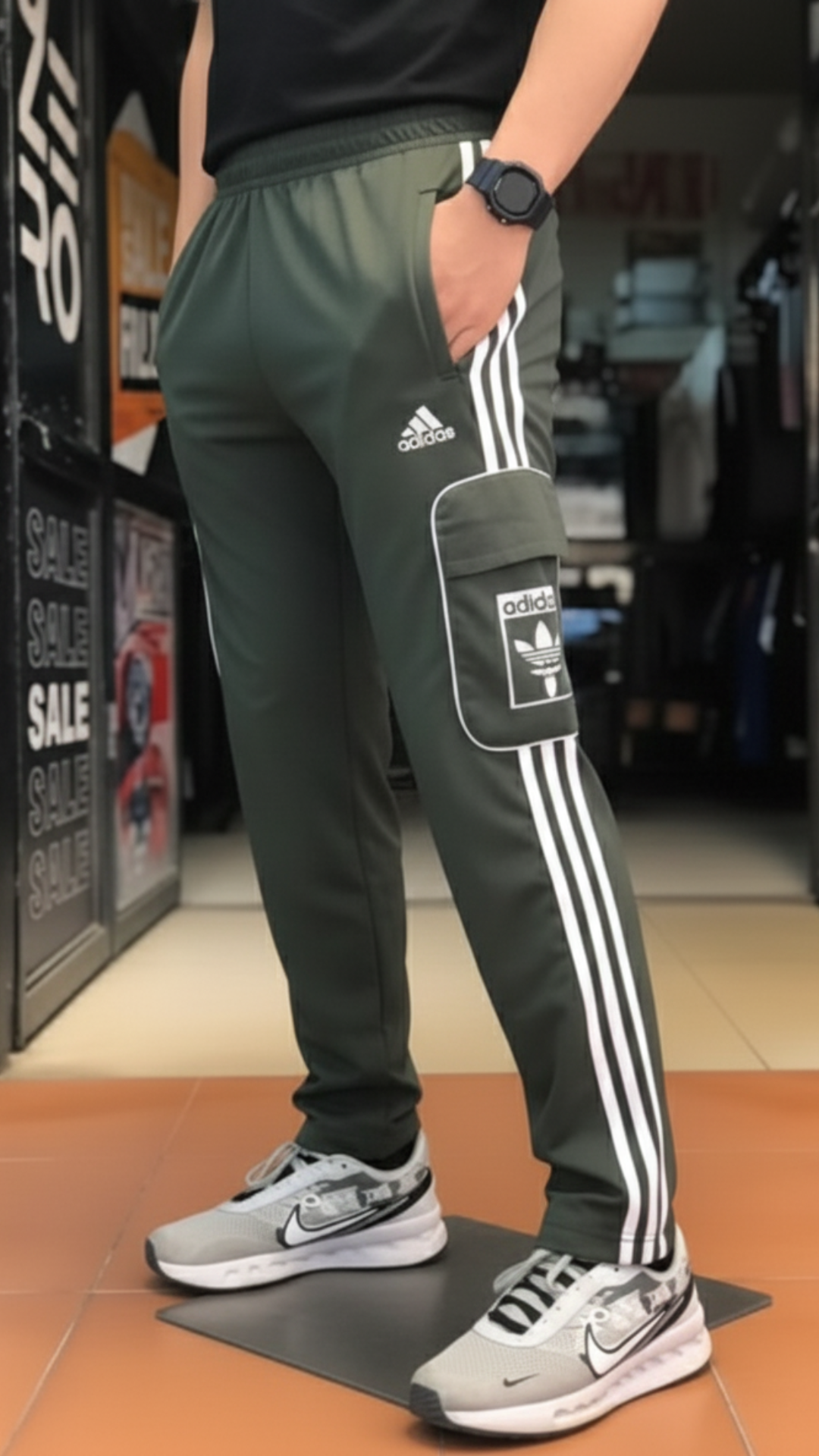 Imported ADDS Olive Green Three Tapes Men's 4 way Stretch-able Lycra Oval Pocket Cargo Trousers