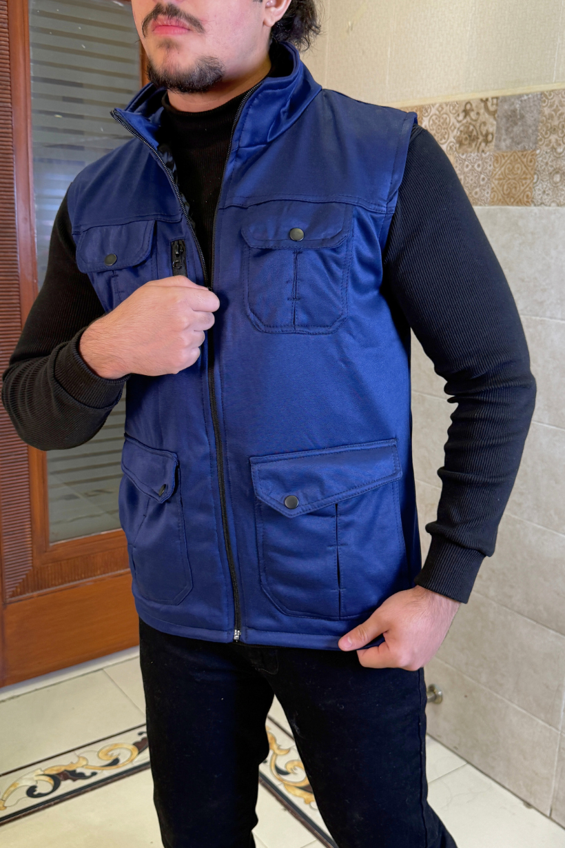 Premium Cotton Fleece Four Pocket sleeveless Jacket Navy Blue JKT