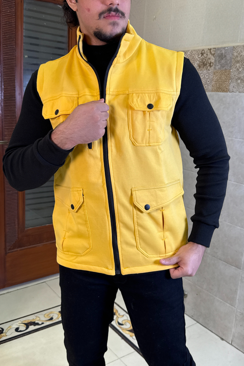 Premium Cotton Fleece Four Pocket sleeveless Jacket Yellow Blue JKT